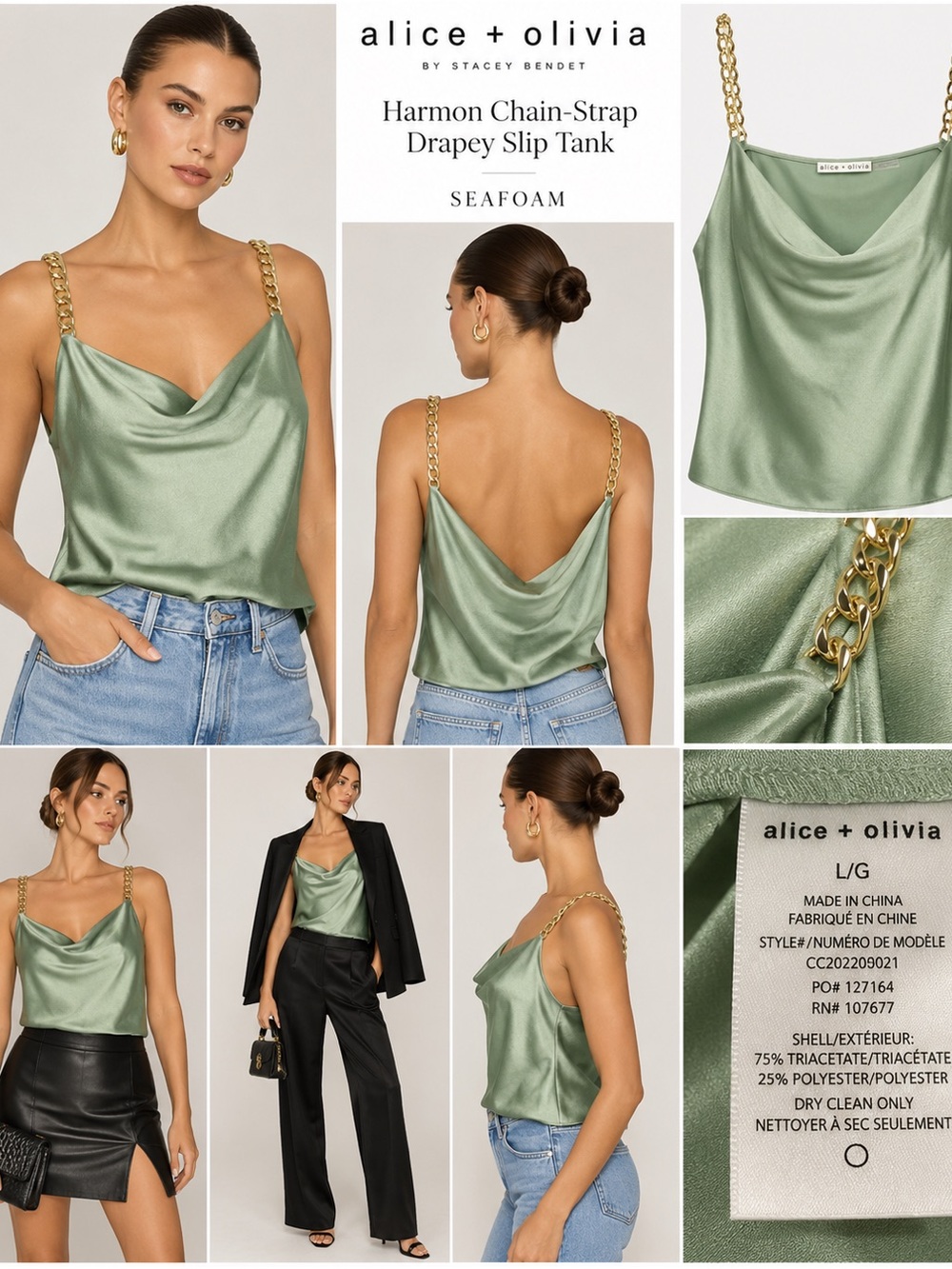 Alice + Olivia Seafoam Satin Cowl Slip Tank with Gold Chain Straps